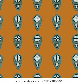 Hand drawn simple chield seamless pattern. Medieval protection print in green tones on orange background. Designed for fabric design, textile print, wrapping, cover. Vector illustration.