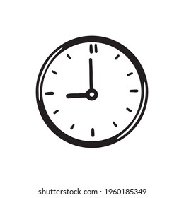 Dibujo manual simple Clock icono del color negro. Estilo de dibujo de Doodle. Concepto de tiempo, minuto, plazo. Reloj con flecha sobre fondo blanco