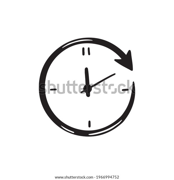 Hand drawn simple circle Clock icon of black\
color. Doodle sketch style. Concept of time, minute, deadline.\
Clock with arrow on white\
background