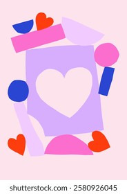 Hand drawn simple collage illustration with paper cut abstract shapes, hearts and stars. Cute cutout style Valentine's Day vector card