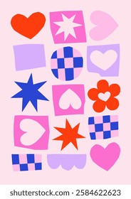 Hand drawn simple collage illustration with paper cut abstract shapes, hearts and stars. Cute cutout style Valentine's Day vector card