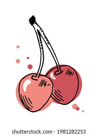 Hand drawn simple colored vector illustration in black outline. Two cherries on a twig isolated on a white background. Seasonal summer garden berry, fruit. For prints, labels, stickers.