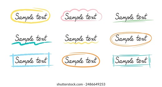 Hand drawn simple colorful frame set for text. Crayon color brush stroke pen line stroke scribble element.