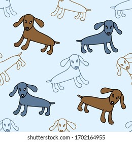 Dibujo a mano simple adorable y transparente patrón vectorial en estilo de caricatura. Perros marrones en un fondo azul claro. Para tejidos, embalajes, textiles, papel y papel pintado para niños. Mascotas favoritas.
