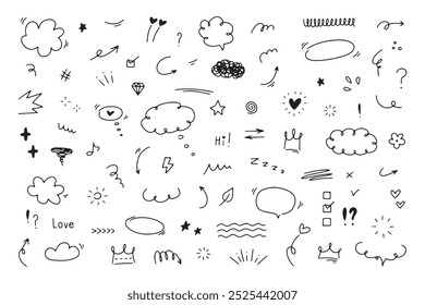 Hand drawn simple doodle elements. Sketch line vector speech bubbles, underlines, emphasis, arrows, highlights, sparkle elements. 