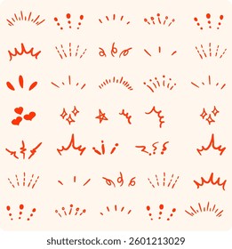 Hand drawn simple doodle elements with red strokes. Vector line sketch of speech bubbles, underline, emphasis, arrow, highlight, glitter elements.