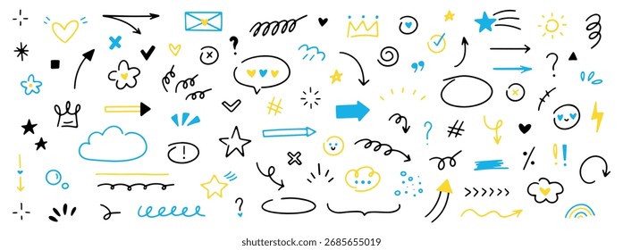 Hand drawn simple doodle elements. Grunge underlines, icons, emphasis, speech bubbles, arrows and shapes collection. Vector illustration isolated on white background