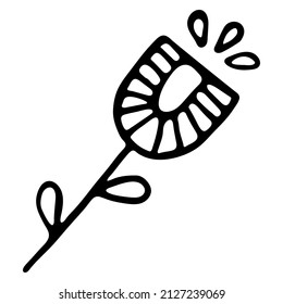 Hand drawn simple doodle flower isolated on white background.  Garden theme. Vector illustration. For poster, banner, baby projects, print, cards, coloring book.