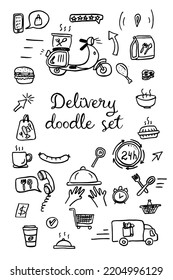 hand drawn simple doodle Set of Food Delivery Related Vector Line Icons, vector