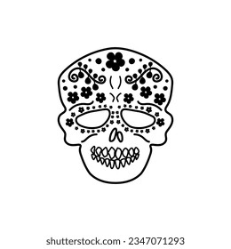 Hand drawn simple doodle Sugar Skull with floral ornament. Day of the Dead symbols clipart. Isolated on white background.