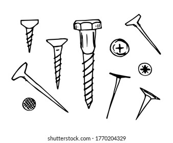 Hand drawn simple doodle vector set, black outline drawing. Fixing tools, nails, screws. Construction, repair.