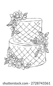 Hand drawn simple doodle wedding cake illustration. Vintage ink invitation and place card design element