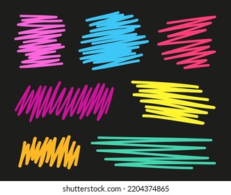 Hand drawn simple doodles. Set of freehand sketchy objects. Freehand art. Abstract neon elements on isolated black background. Chaotic lines. Glowing shapes