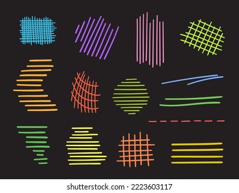 Hand drawn simple doodles. Set of freehand sketchy objects. Freehand art. Abstract neon elements on isolated black background. Colored pens. Colorful illustration