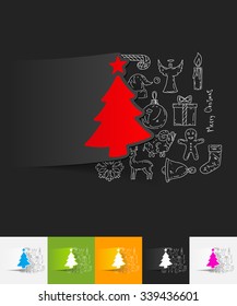 hand drawn simple elements with christmas tree paper sticker shadow