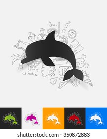 hand drawn simple elements with dolphin paper sticker shadow