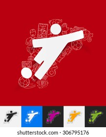 hand drawn simple elements with football player paper sticker shadow
