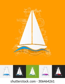 hand drawn simple elements with sailboat paper sticker shadow