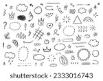 Hand drawn simple elements set. Sketch underlines, icons, emphasis, speech bubbles, arrows and shapes. Vector illustration isolated on white background.