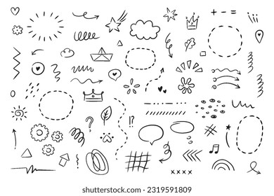 Hand drawn simple elements set. Sketch underlines, icons, emphasis, speech bubbles, arrows and shapes. Vector illustration isolated on white background.