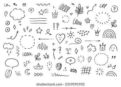 Hand drawn simple elements set. Sketch underlines, icons, emphasis, speech bubbles, arrows and shapes. Vector illustration isolated on white background.