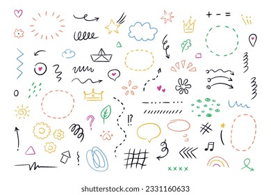 Hand drawn simple elements set. Sketch underlines, icons, emphasis, speech bubbles, arrows and shapes. Vector illustration isolated on white background.