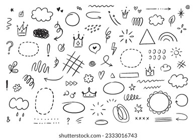 Hand drawn simple elements set. Sketch underlines, icons, emphasis, speech bubbles, arrows and shapes. Vector illustration isolated on white background.