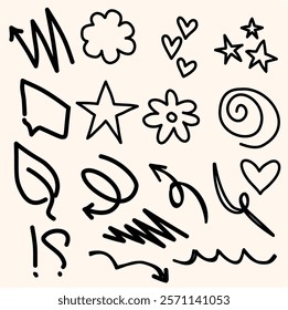 Hand drawn simple elements set. Sketch underlines, icons, emphasis, speech bubbles, arrows and shapes.