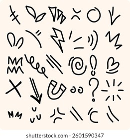 Hand drawn simple elements set. Sketch underlines, icons, emphasis, speech bubbles, arrows and shapes.