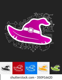 hand drawn simple elements with witch hat paper sticker shadow