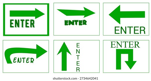 Hand drawn simple "enter" arrow sign. Set of green arrow signs collection.