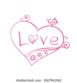 Hand drawn simple flat drawing of heart with word Love inside and with cute tiny bird