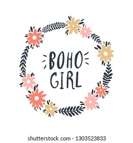 Hand drawn simple floral frame illustration. Boho hippie girl concept. Good for t-shirt prints, postcards, greeting cards and more
