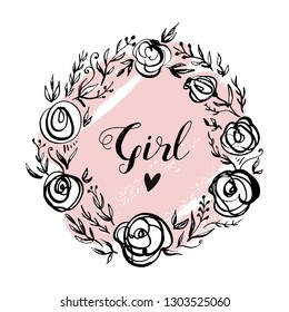 Hand drawn simple floral frame illustration. Girl style label. Boho hippie concept. Good for t-shirt prints, postcards, greeting cards and more