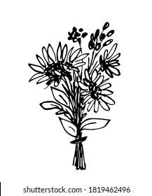 Hand drawn simple floral vector drawing in black outline. Cute beautiful autumn summer bouquet with berries, sunflowers. For festive seasonal design, postcards, invitations.