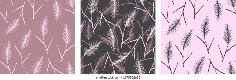 Hand drawn simple floral vector set seamless pattern in gray pink, purple colors. Steppe pampas grass, twig, reeds, panicle inflorescences. For design in boho style, textile products, fabric.