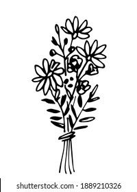 Hand drawn simple floral vector pattern in black outline. Cute beautiful spring-summer bouquet with chamomile. For festive seasonal decoration of cards, invitations, March 8, mother's day, birthday.