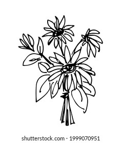 Dibujo manual simple del vector floral en contorno negro. Hermosos y bonitos flores de verano de otoño. Para el diseño festivo de temporada, postales, invitaciones.
