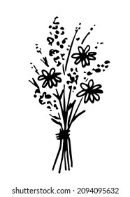 Hand drawn simple floral vector sketch in black outline. Cute beautiful spring-summer bouquet with daisies. For the festive seasonal design of cards, invitations on March 8, mother's day, birthday.