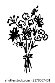 Hand drawn simple floral vector sketch in black outline  Nice beautiful spring  summer bouquet  wildflowers  daisies 