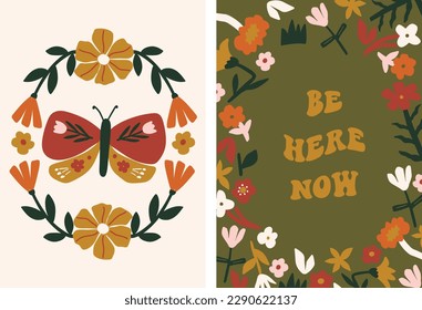 Dibujar a mano una simple ilustración de flores y mariposas con una cita inspiradora. Fondo perfecto para carteles, arte en la pared, papel tapiz de teléfono, tarjetas de felicitación, etc. 