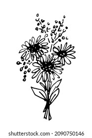 Hand drawn simple flower vector drawing in black outline. Cute beautiful bouquet of chrysanthemum flowers, gerbera, berries. For festive decoration of cards, invitations.