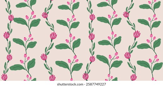 Hand drawn simple flowers, seamless pattern with flowers for fabric, textile, apparel, wall art, wallpaper, cover, banner, poster, interior decoration, nature background.