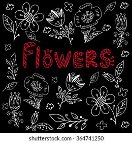 Hand drawn simple flowers and hand written word "flowers" on black background. Isolated. Easy to recolor.