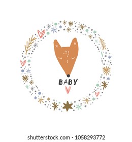 Hand drawn simple fox face and ornate frame. Sticker, print for cards, baby t-shirts and other clothes.
Clipart, isolated vector illustration.