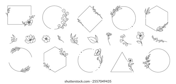 hand drawn simple Frame line wreath with flower and leaf branch for wedding banner ,logo template	
