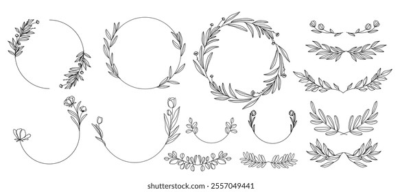 hand drawn simple Frame line wreath with flower and leaf branch for wedding banner ,logo template	