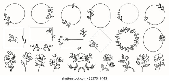 hand drawn simple Frame line wreath with flower and leaf branch for wedding banner ,logo template	