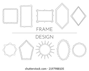 Hand drawn simple frames. Different shapes square, oval, circle, sun, rectangle, rhombus, polyhedron. Borders elements for any purposes. Doodle frames minimalistic design. Vector illustration