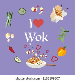 Hand drawn in a simple graphic style.I love wok. Purple background. Vector. Design for banner, card, placard, brochure